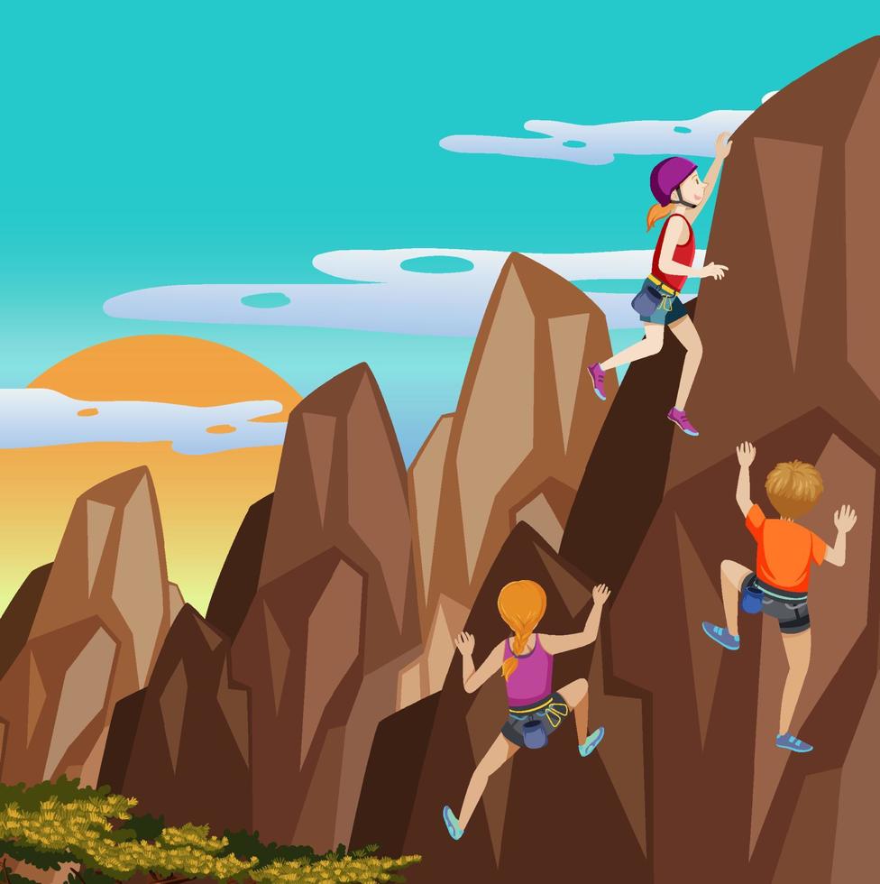 cena com pessoas subindo montanha rochosa vetor