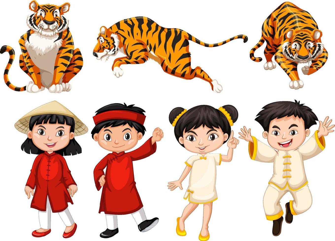 conjunto de crianças e tigres asiáticos vetor