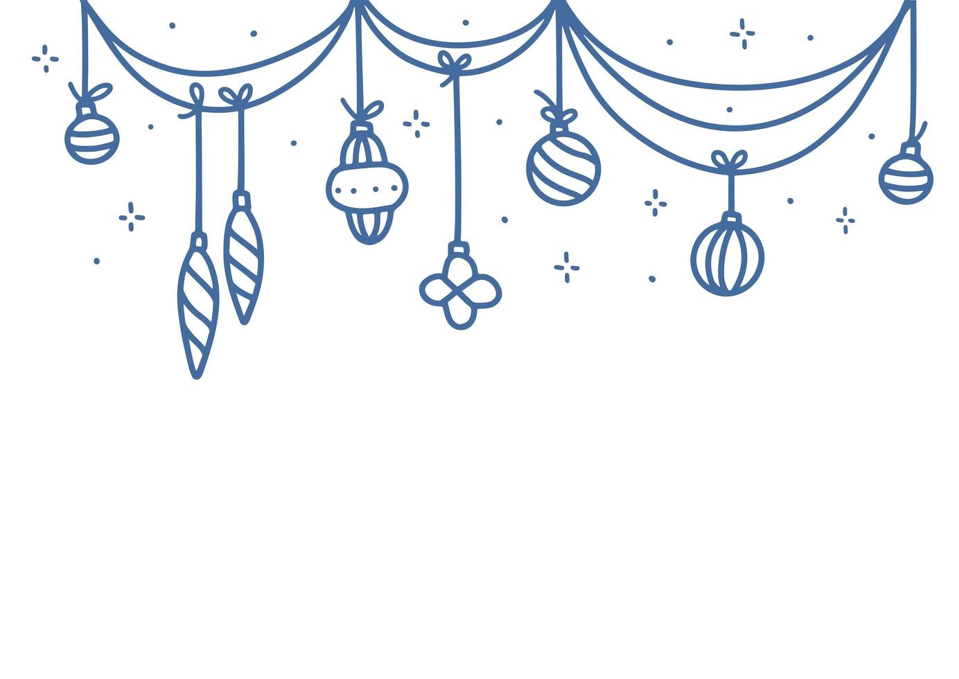 decoração de elementos de natal vintage. enfeites de natal pendurado corda com bolas de árvore de natal. ilustração em vetor doodle linear.