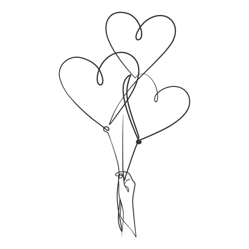 desenho de linha contínua de mão segurando balão de coração vetor