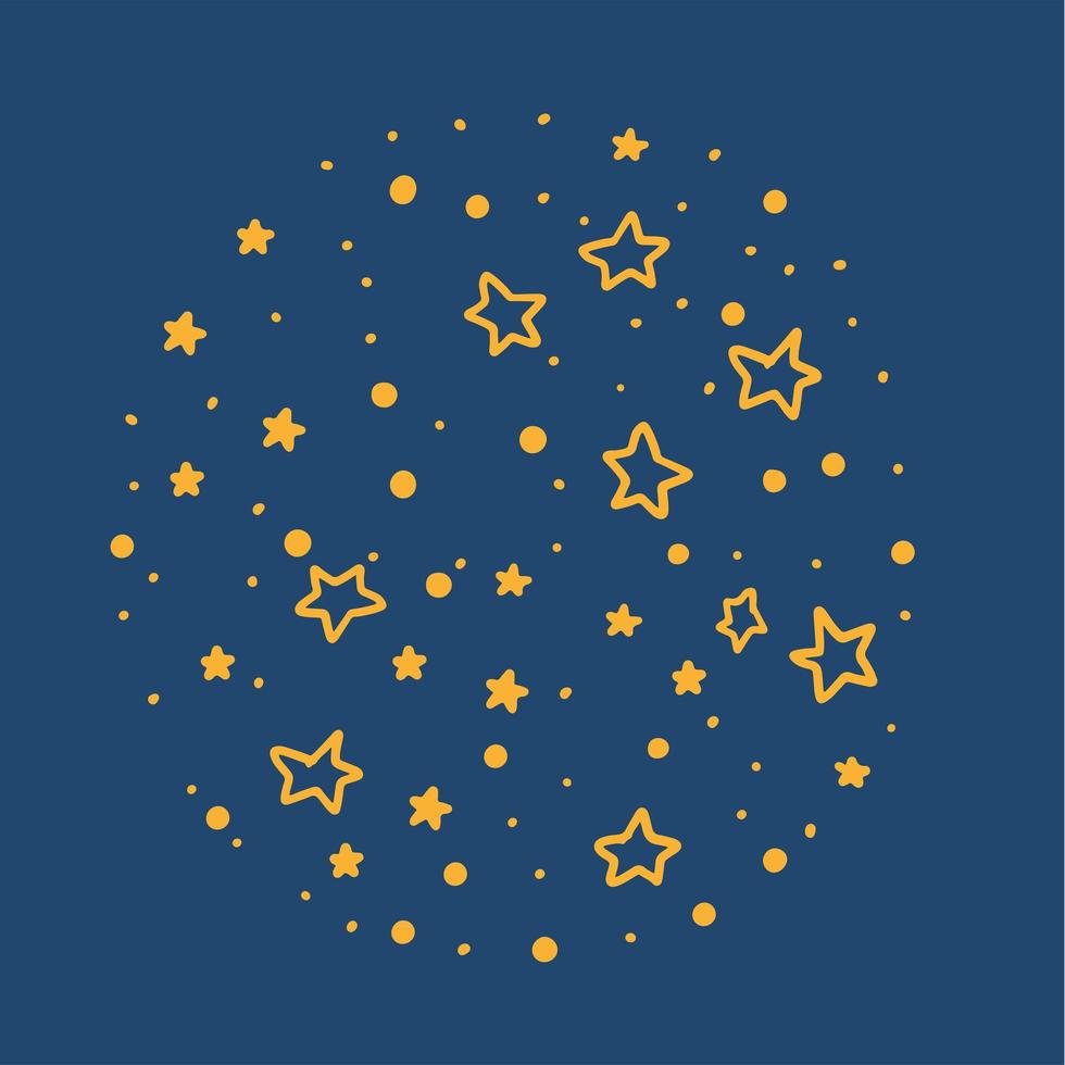 doodle estrelas sobre fundo azul. padrão de noite redonda em estilo primitivo. motivo fofo para impressão ou decoração. galáxia de estrelas rabiscadas no céu escuro. vetor