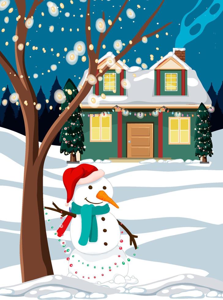 cena ao ar livre de noite de inverno com um boneco de neve e casa de natal decorada vetor