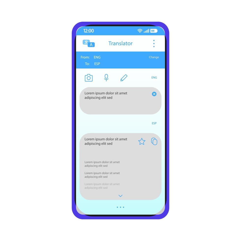 modelo de vetor de interface de aplicativo de smartphone tradutor online. layout de design azul da página do aplicativo móvel. tela de tradução em vários idiomas. interface plana. visor do telefone