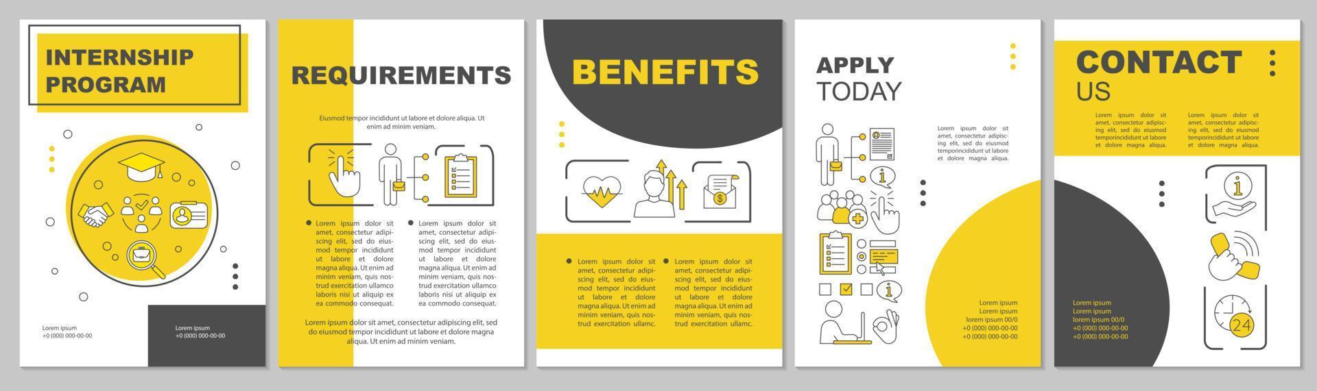 layout de modelo de folheto do programa de estágio. prática do aluno. folheto, livreto, design de impressão de folheto com ilustrações lineares. layouts de página vetorial para revistas, relatórios anuais, cartazes publicitários vetor