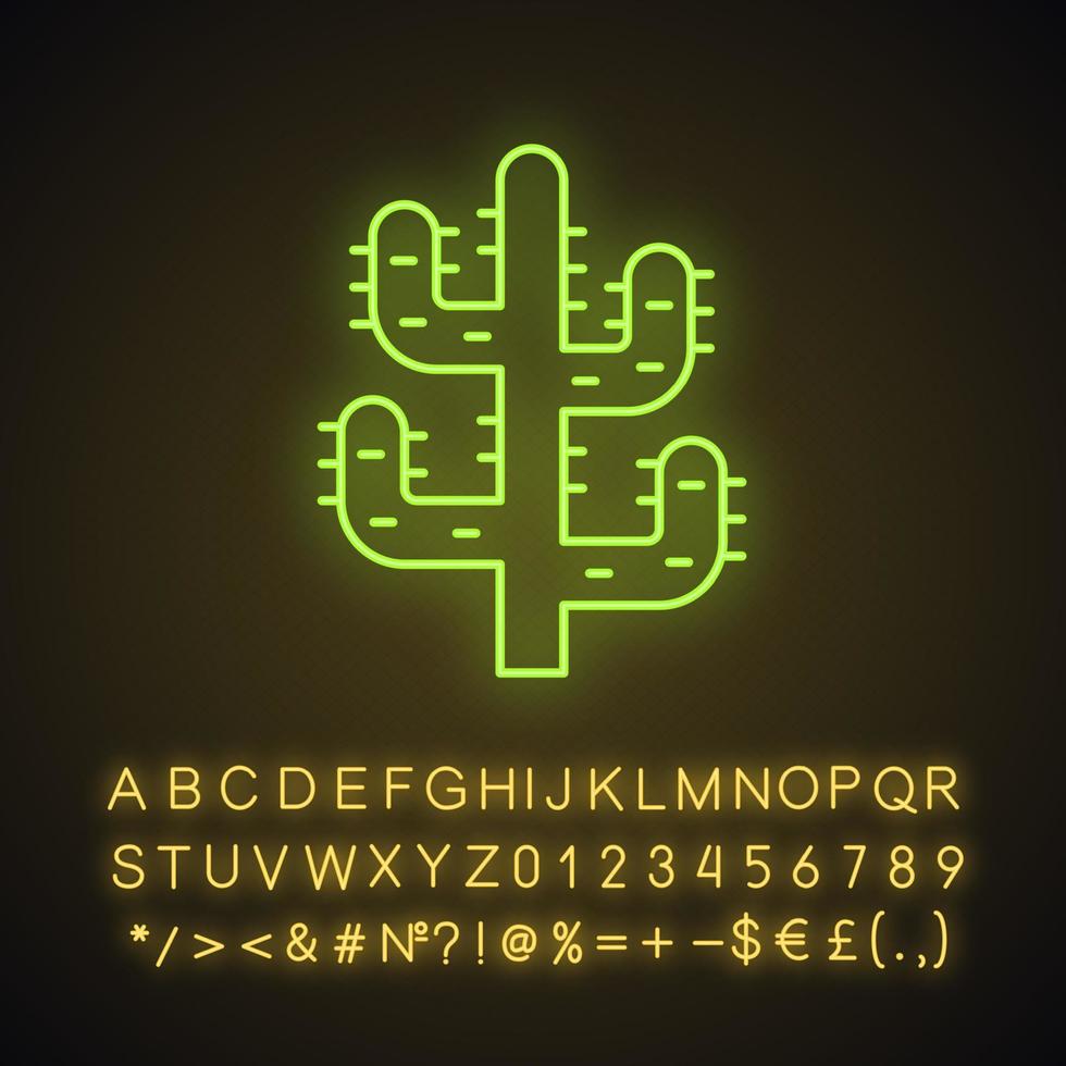 ícone de luz neon de cacto saguaro. árvore como cacto. planta do deserto. suculenta espinhosa. sinal brilhante com alfabeto, números e símbolos. ilustração vetorial isolada vetor