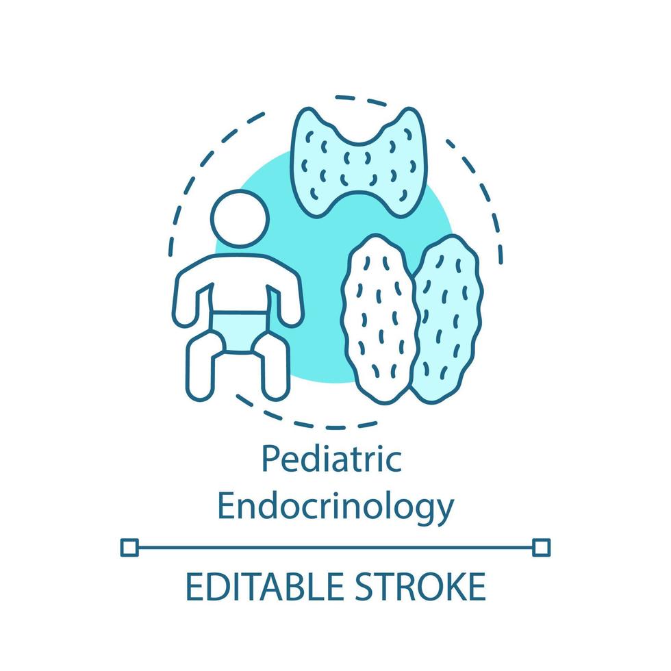 ícone do conceito de endocrinologia pediátrica. glândulas endócrinas. problemas adrenais, tireóide e pituitária. ilustração de linha fina de idéia de regulação de hormônio infantil. desenho de contorno isolado de vetor. traço editável vetor