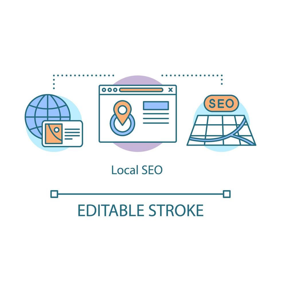 ícone do conceito de seo local. ilustração de linha fina de idéia de otimização de pesquisa global. classificação de geolocalização. marketing de localização. Navegação GPS. segmentação geográfica. desenho de contorno isolado de vetor. traço editável vetor