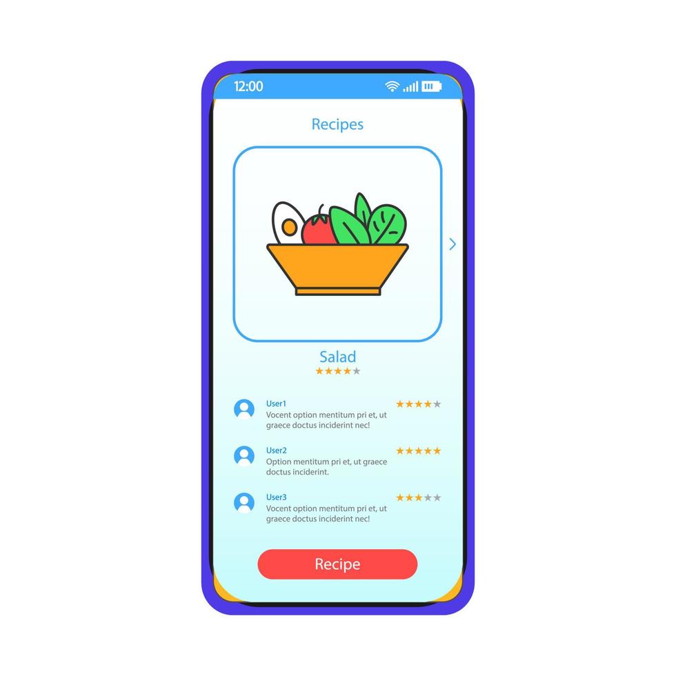 modelo de vetor de interface de smartphone de receitas de comida saudável. layout de design azul da página do aplicativo móvel. ingredientes da salada, tela do livro de receitas. interface do usuário plana para aplicação. comentários dos usuários, exibição do telefone de classificação do prato