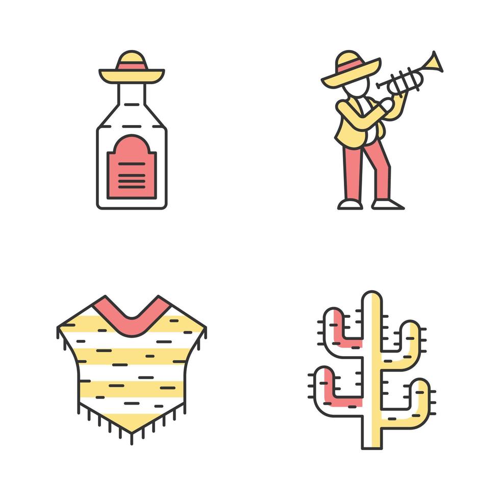 conjunto de ícones de cores da cultura mexicana. bebida nacional, música, roupas, plantas. tequila, músico com trompete, poncho, cacto saguaro. ilustrações vetoriais isoladas vetor