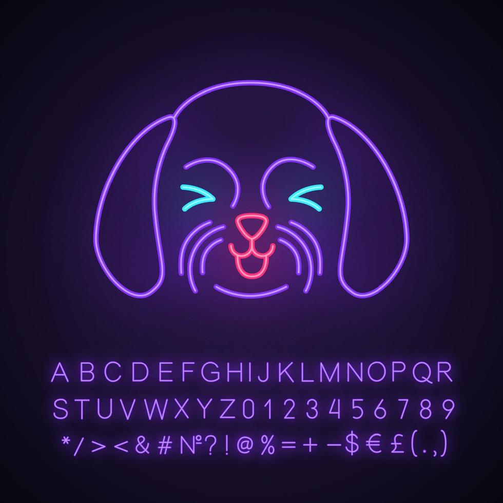 shih tzu personagem de luz neon kawaii fofo. cão com focinho sorridente. animal com olhos vesgos. emoji engraçado, emoticon. ícone brilhante com alfabeto, números, símbolos. ilustração vetorial isolada vetor
