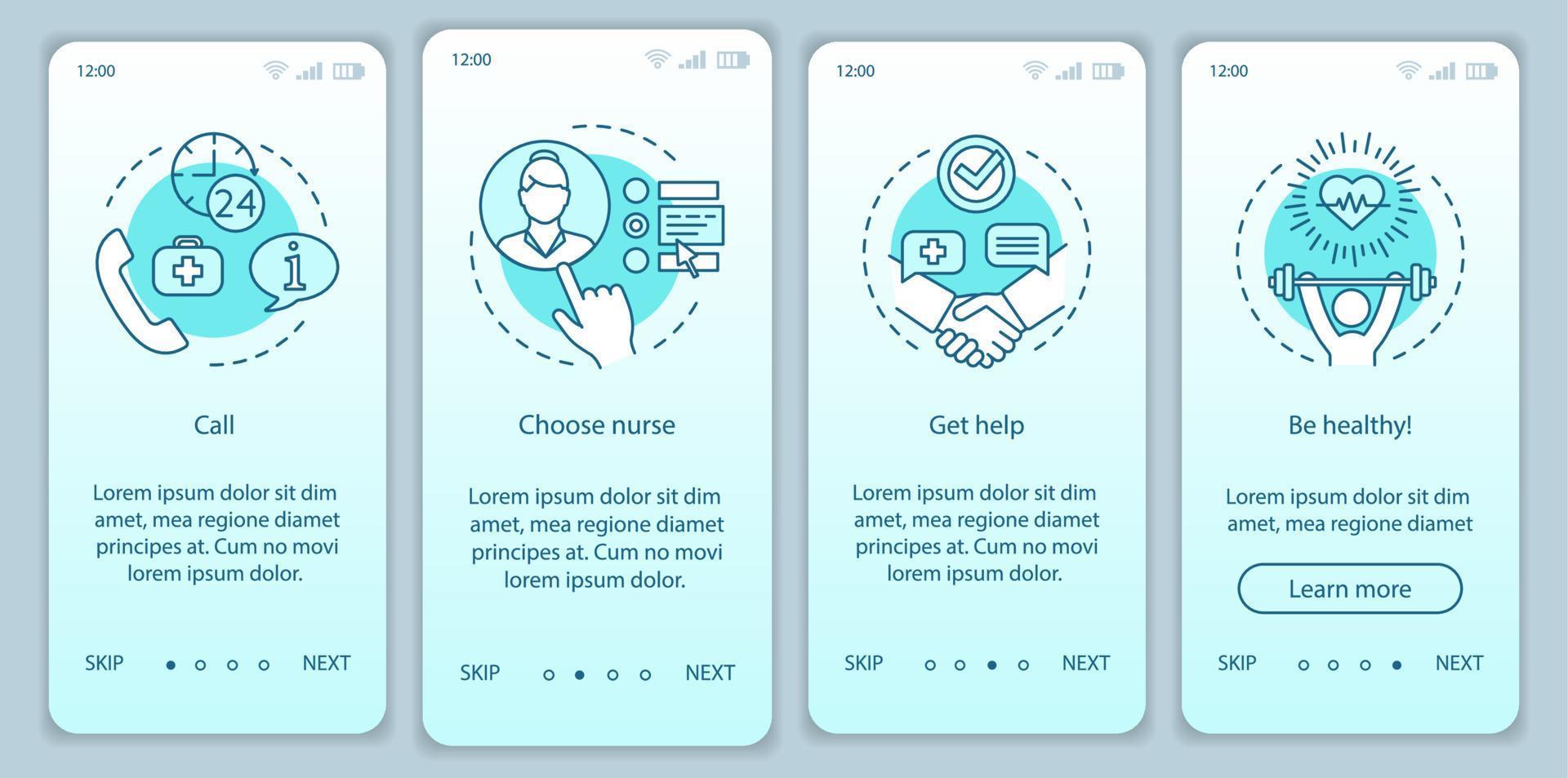 modelo de vetor de página de aplicativo móvel de integração de serviço de enfermeira. etapas do site passo a passo de assistência domiciliar. escolhendo cuidador prático, cuidador. enfermagem domiciliar. ux, ui, gui conceito de interface de smartphone