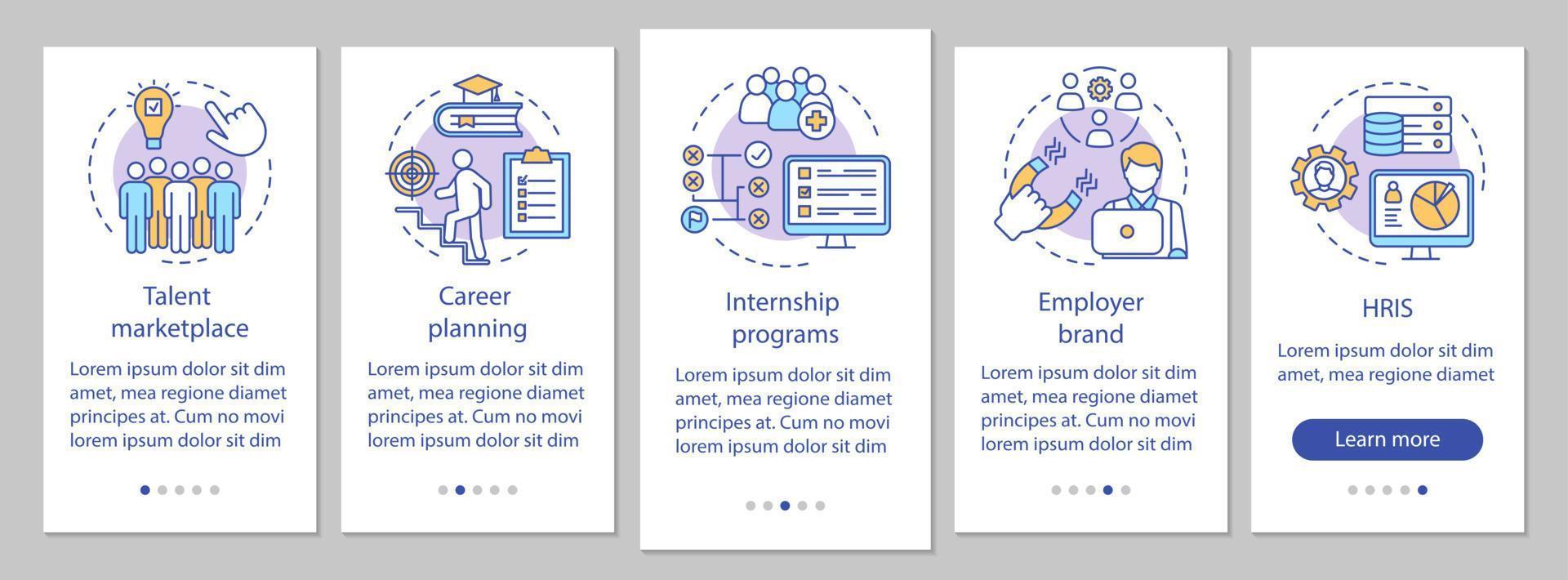 modelo de vetor de tela de página de aplicativo móvel de integração de gerenciamento de talentos. programa de estágio, mercado. hris. passos passo a passo do site, ilustrações lineares. ux, ui, gui conceito de interface de smartphone