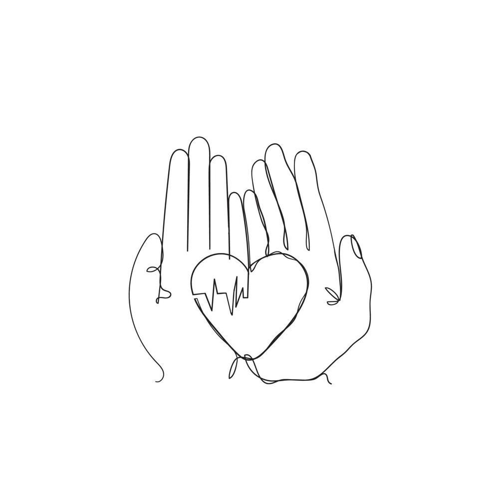 mão de desenho de linha contínua segurando coração com ícone de ilustração de pulso isolado vetor