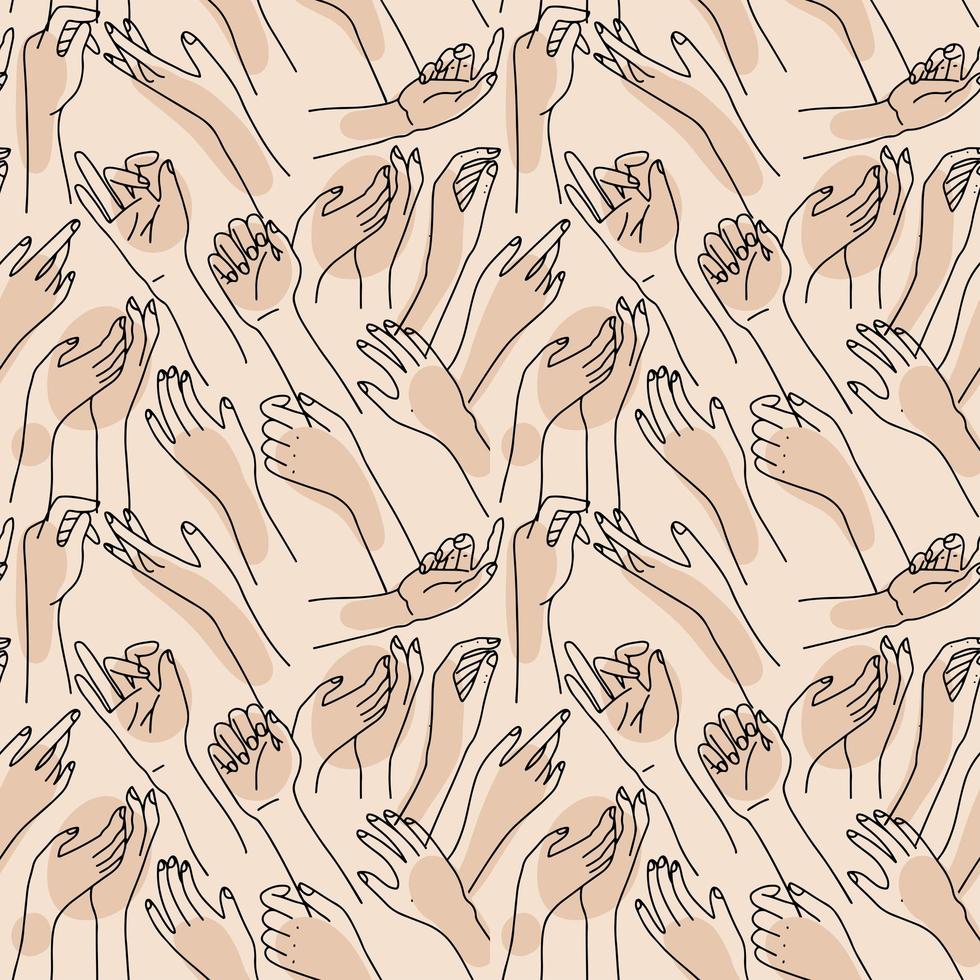 abstrato sem costura padrão com mãos femininas lineares. mãos para cima, preto sobre fundo bege. esboço desenhado à mão. ilustração vetorial. vetor