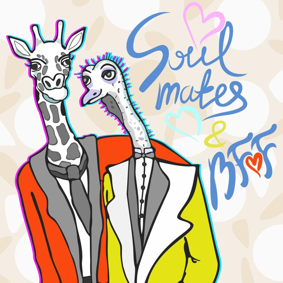machos de alma. ilustração vetorial de girafa e avestruz, melhores amigos. conceito homossexual. vetor