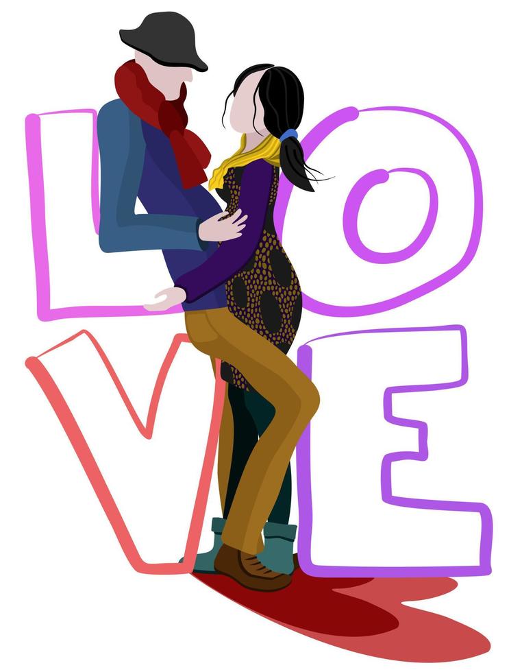 ilustração vetorial isolada de um casal de pé e abraçando entre letras amor vetor