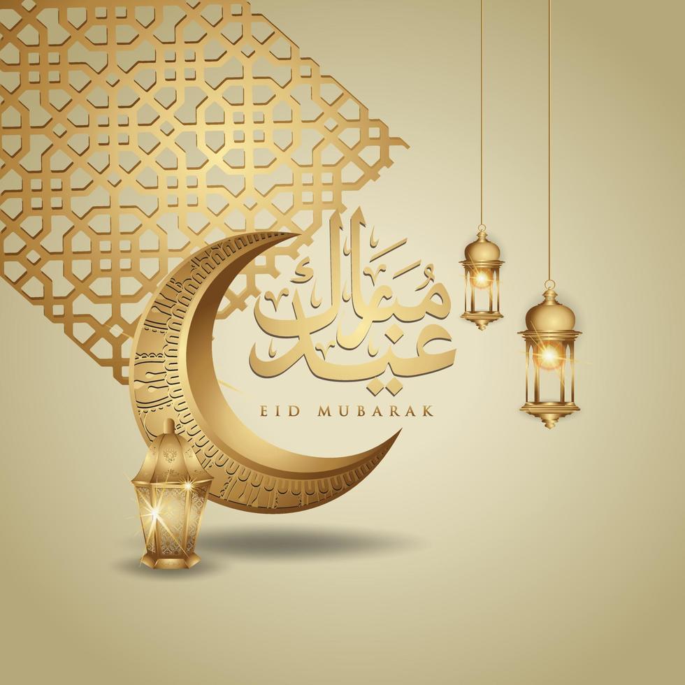 eid mubarak design islâmico lua crescente, lanterna tradicional e caligrafia árabe, modelo vetor de cartão ornamentado islâmico para evento de publicação