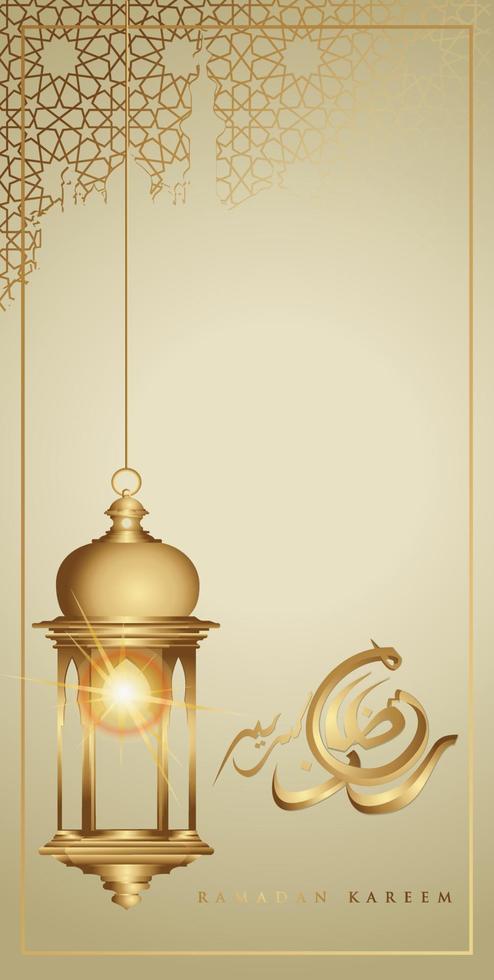 ramadan kareem com lua crescente luxuosa dourada e lanterna tradicional, vetor de cartão ornamentado islâmico modelo para telefones inteligentes de design de papel de parede de interface móvel, celulares, dispositivos.