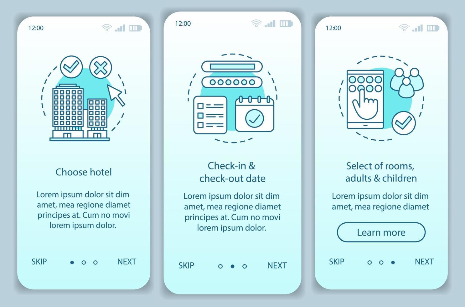 modelo de vetor de tela de aplicativo móvel de integração de reserva de hotel. escolhendo acomodação, apartamento. selecione o quarto e faça a reserva. passo a passo do site. ux, ui, gui conceito de interface de smartphone