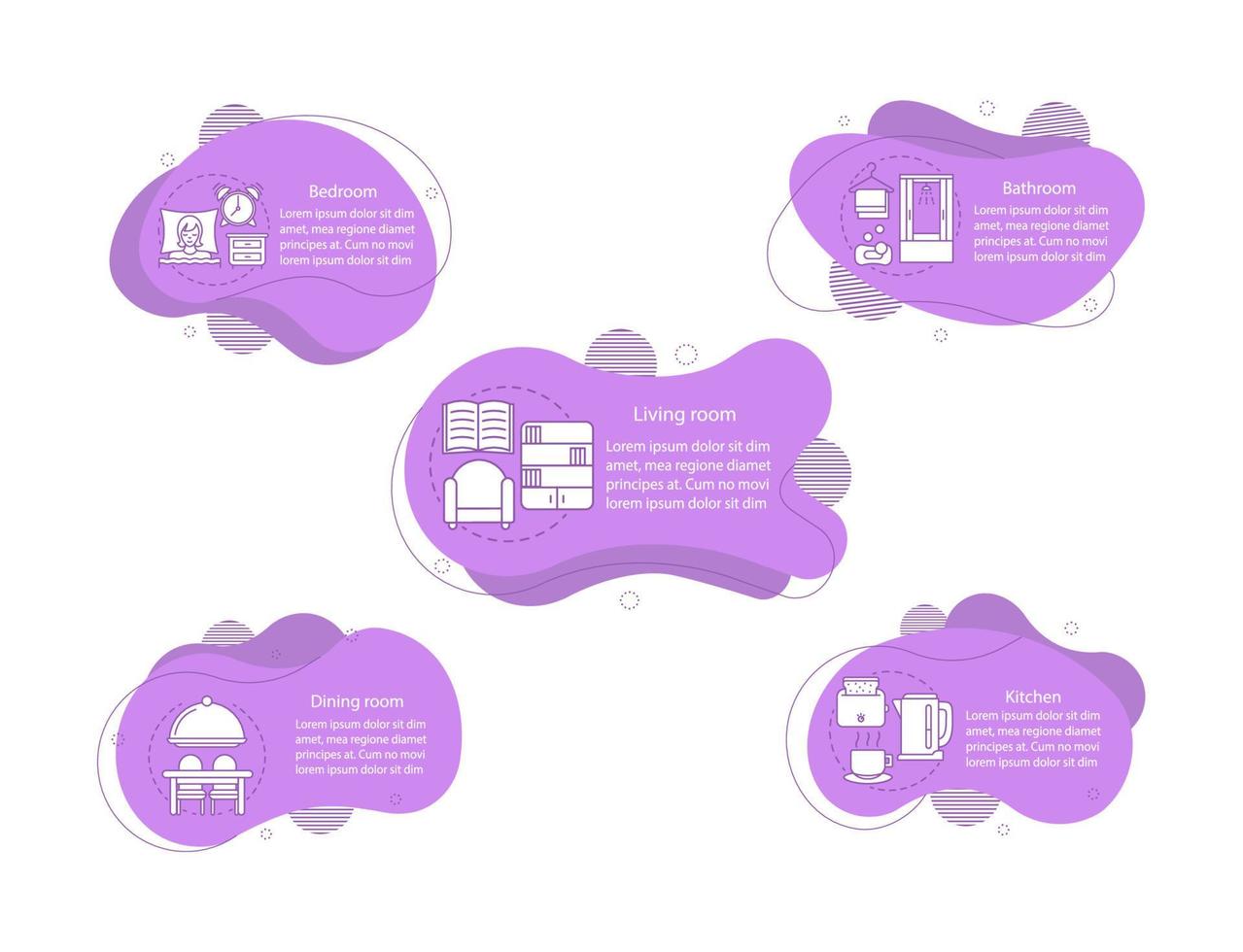 ilustrações de conceito de móveis e eletrodomésticos. modelo de infográfico de quartos de apartamento ou casa. elementos fluidos com texto e ícones lineares. passos de bolhas onduladas de design de interiores. apresentação, cliparts de banner vetor