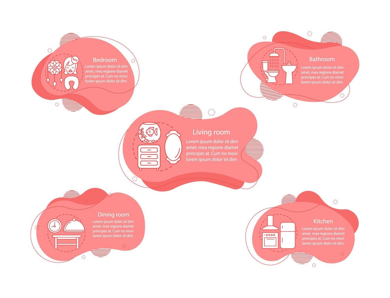 ilustrações lineares do conceito de design de interiores do apartamento. modelo de infográfico de quartos de apartamento ou casa. elementos fluidos com texto. móveis, etapas de bolha onduladas do aparelho. apresentação, cliparts vetoriais de banner vetor