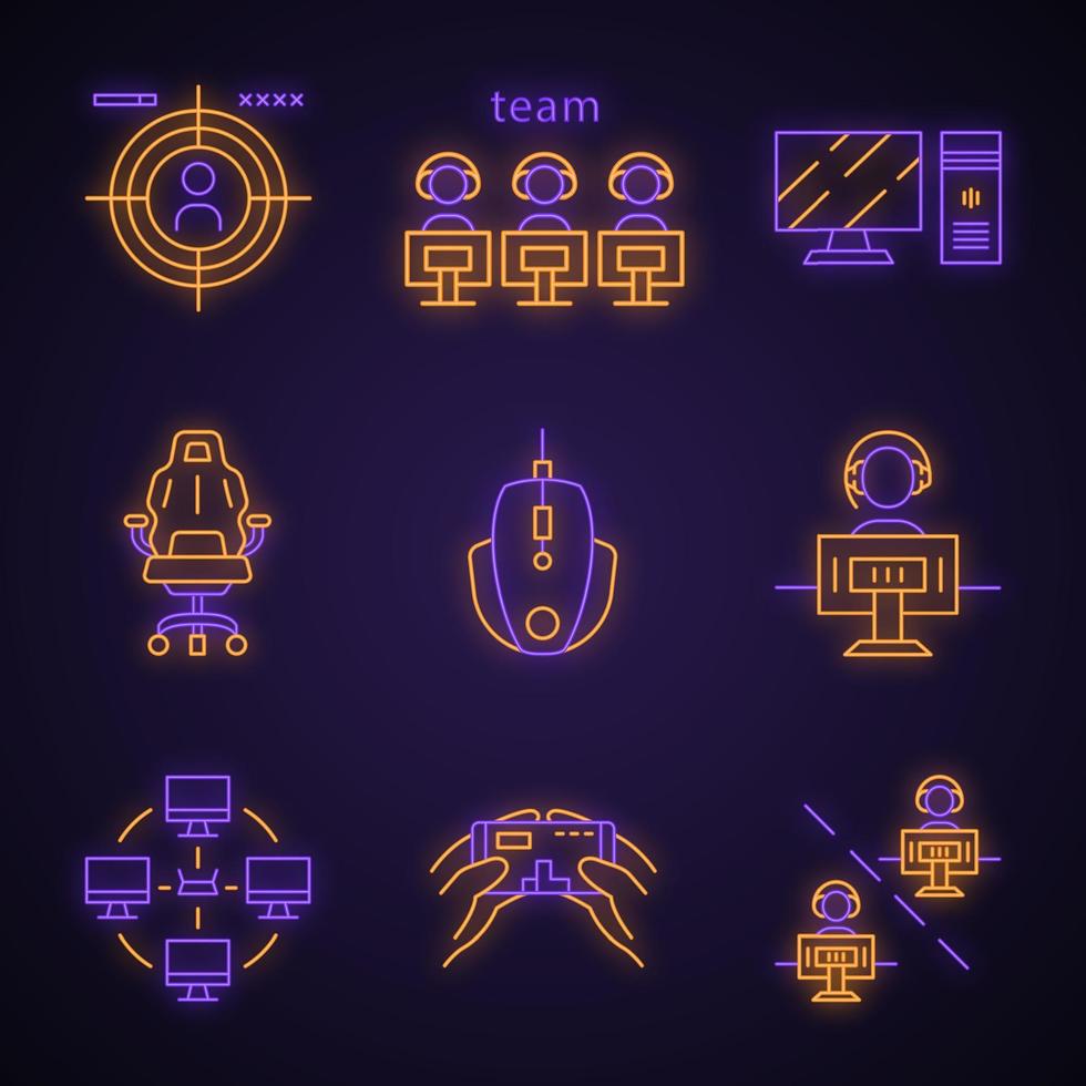 Conjunto de ícones de luz neon esports. torneio de videogame. jogo para jogador e equipe. filmagem. dispositivos de computador. rede local. sinais brilhantes. ilustrações vetoriais isoladas vetor