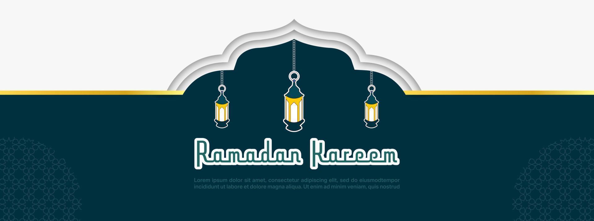 bandeira de vetor horizontal ramadan kareem. religião muçulmana mês sagrado plano banner cópia espaço ilustração vetorial. banner com decoração de lâmpadas.