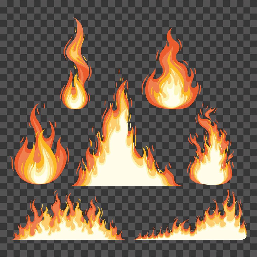 sete ícones de chamas de fogo vetor