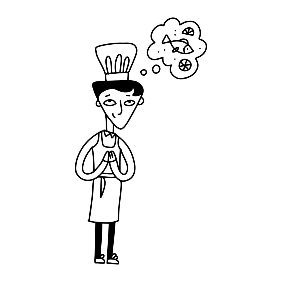 pequeno cozinheiro cozinhando peixe, personagem de fogão de criança fofa usando chapéu branco e avental sonhando com peixes deliciosos. doodle ilustração em vetor estilo dos desenhos animados em preto e branco.