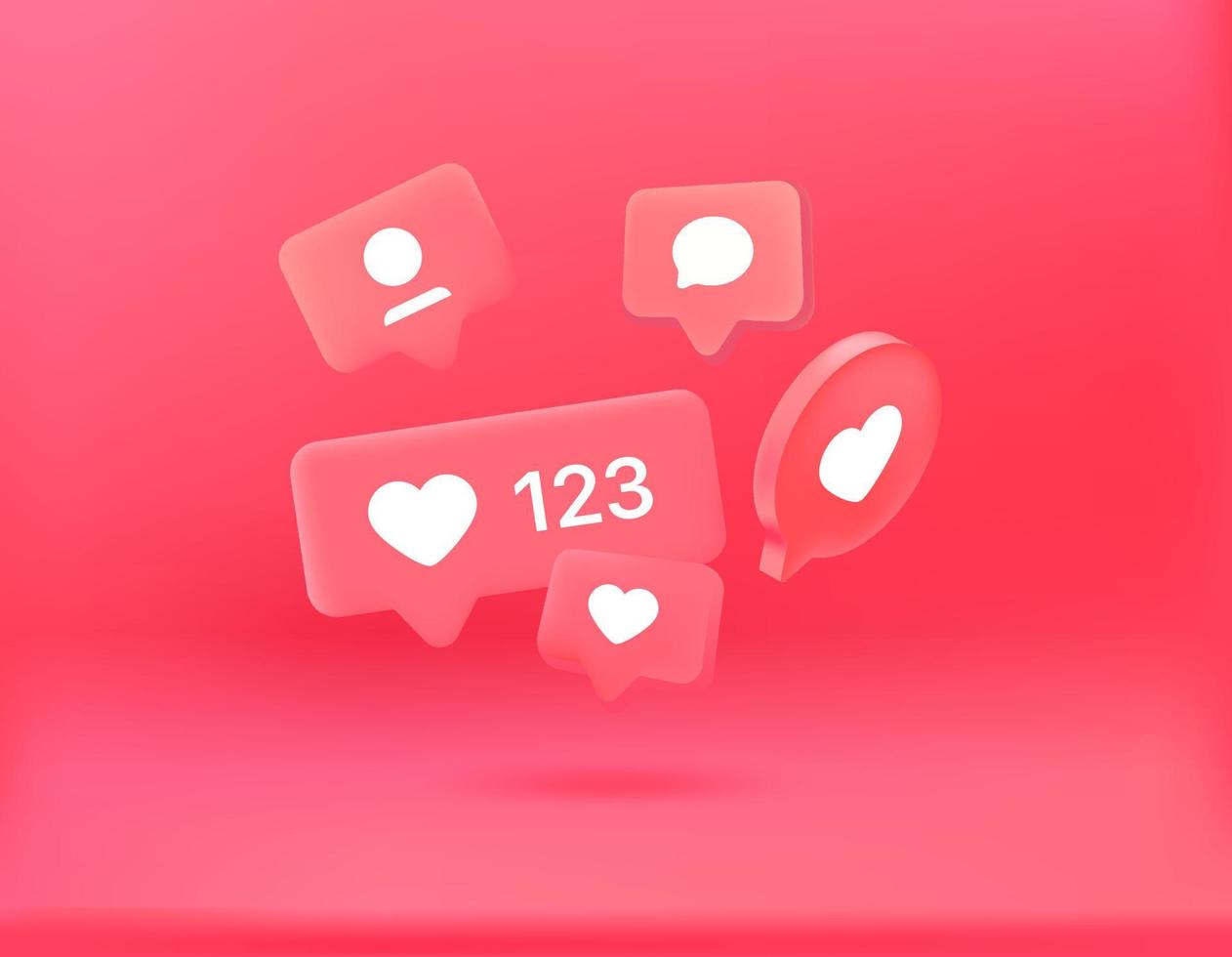 bolhas de notificação de mídia social em fundo vermelho. conceito de vetor 3D