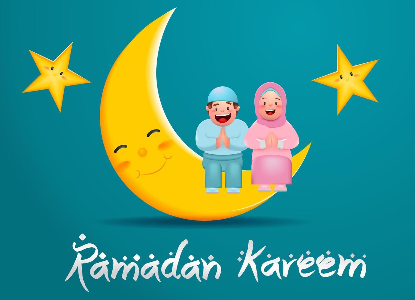 ilustração vetorial ramadan kareem e eid mubarak, crianças felizes cumprimentando eid al fitr vetor