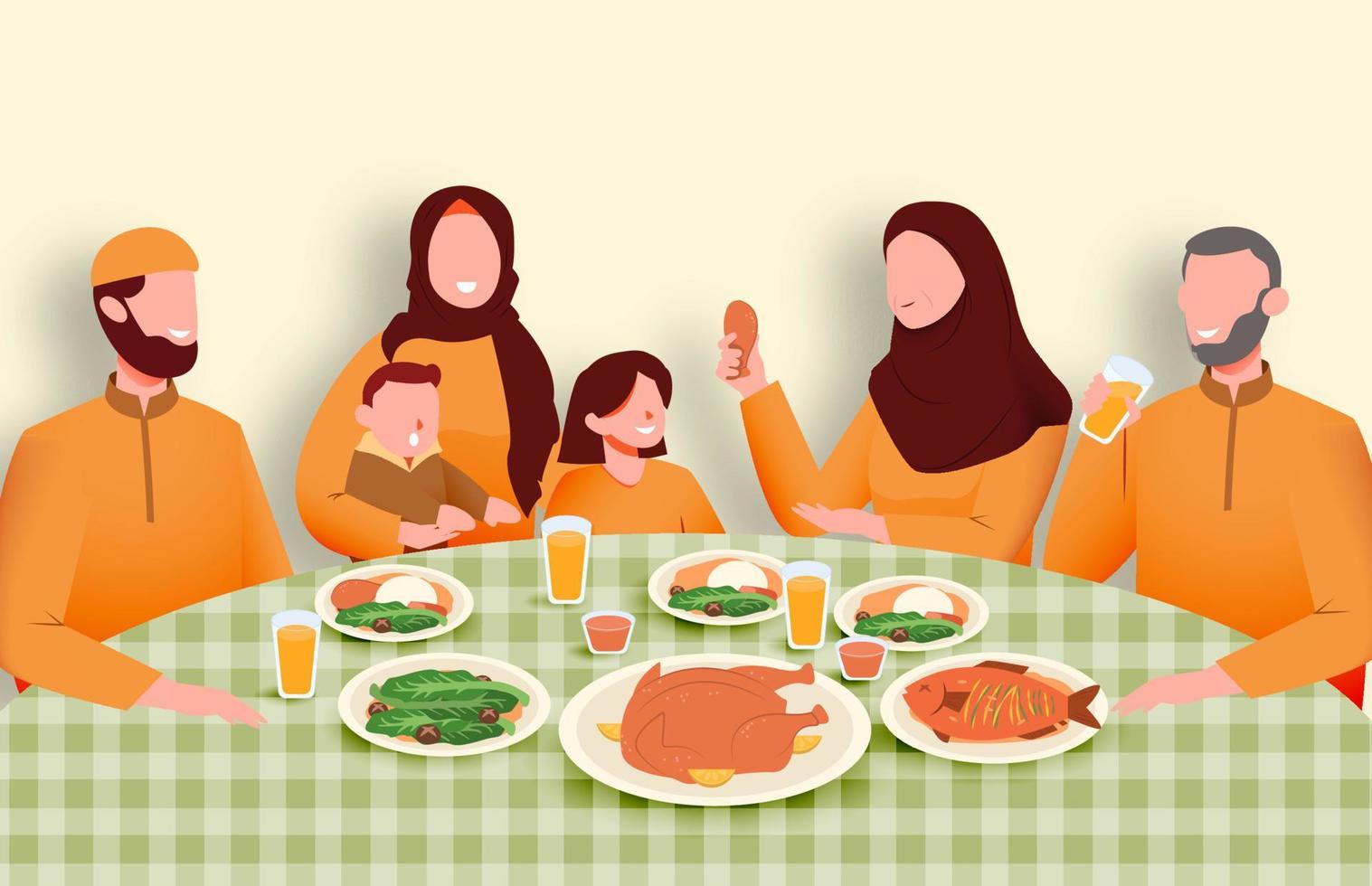 festa suhoor e iftar com a família durante o mês do ramadã ilustração vetorial, feliz jejum para os muçulmanos, comer junto com a família muçulmana, ramadhan kareem e eid mubarak vetor