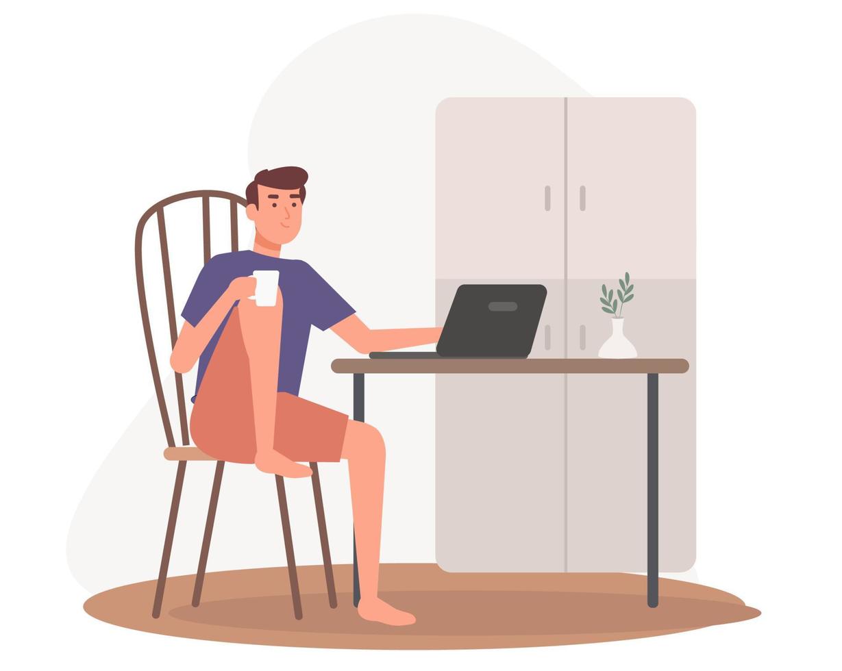 trabalhando em casa design plano, homem trabalhando com seu laptop, um homem freelancer trabalha atrás de um laptop. local de trabalho home office vetor