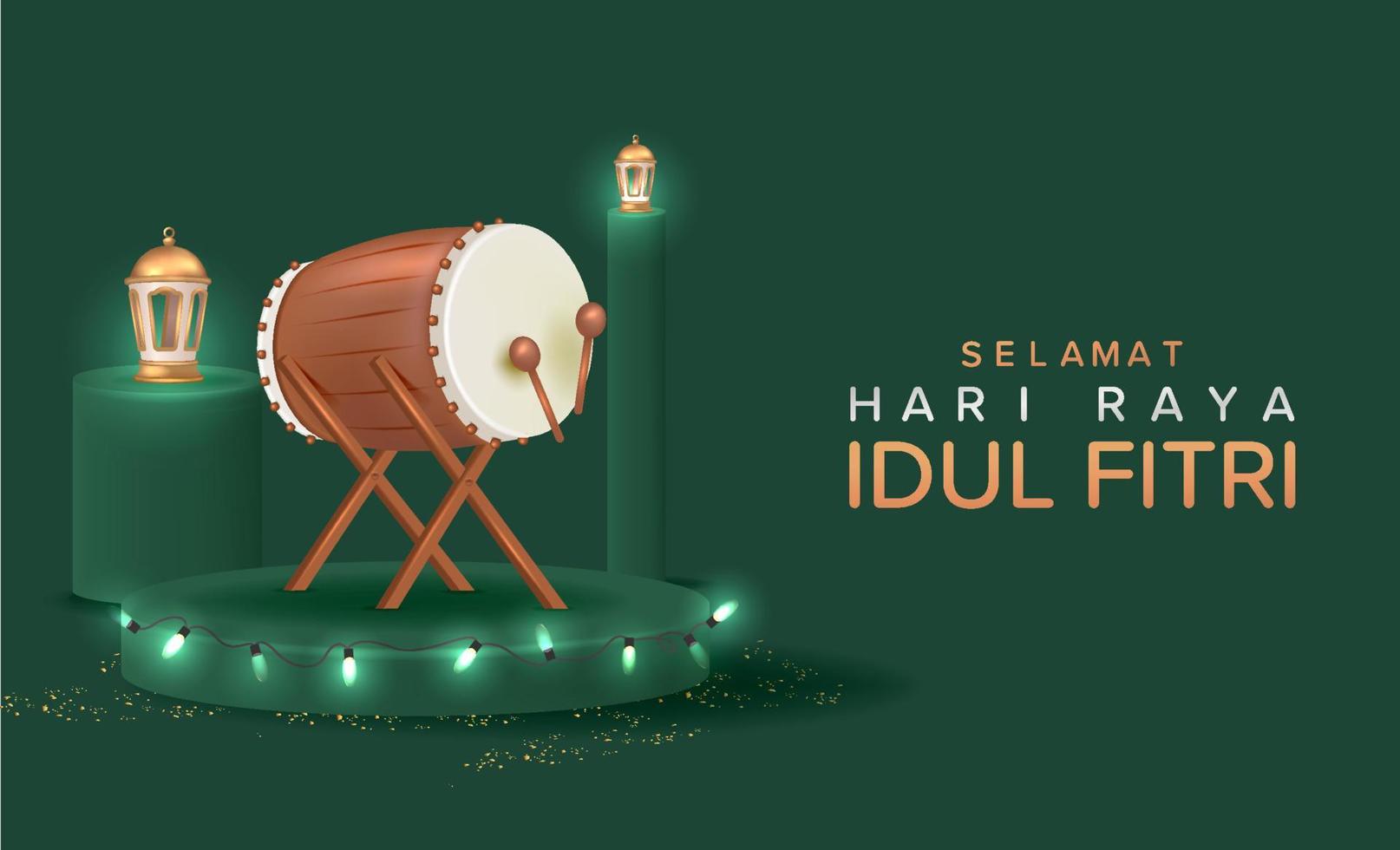 design 3d eid mubarak com ilustração vetorial realista de tambor e lanterna vetor