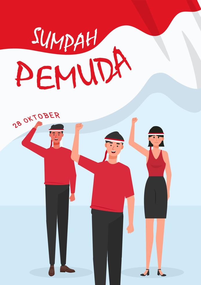 feliz dia do compromisso da juventude indonésia ilustração em vetor sumpah pemuda, jovem segurando a bandeira