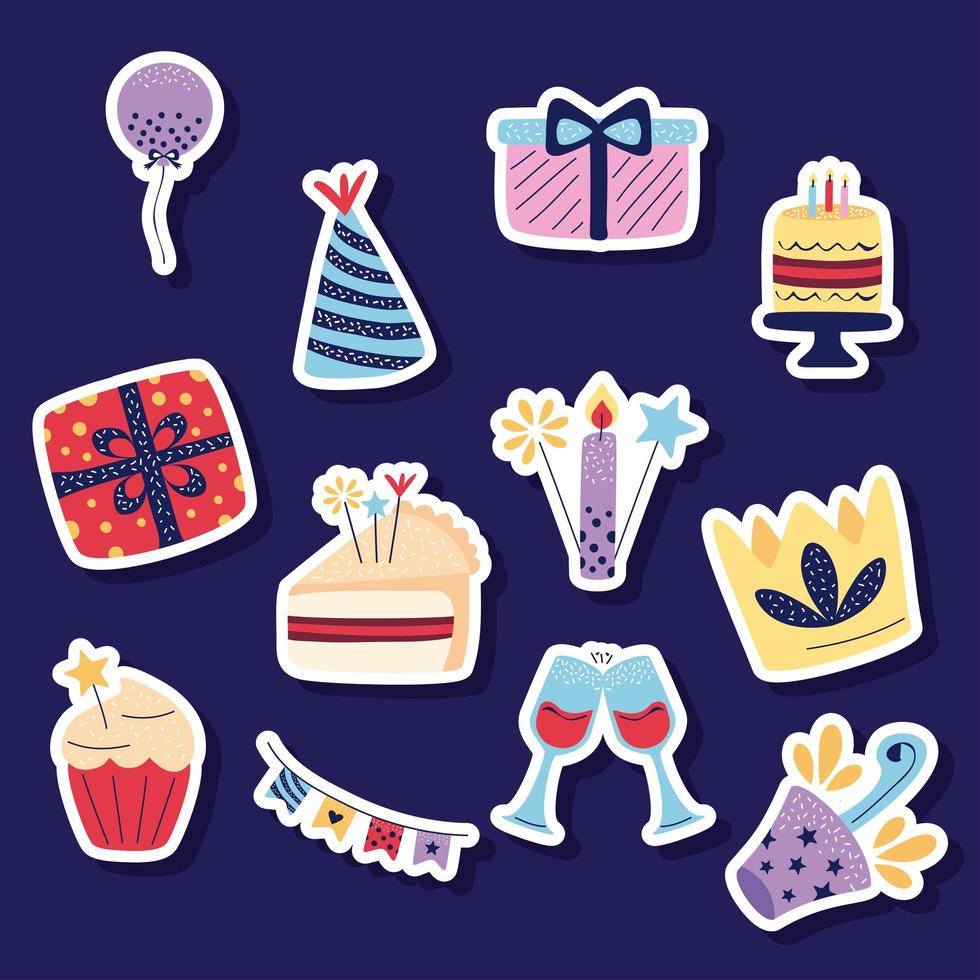 doze ícones de feliz aniversário vetor