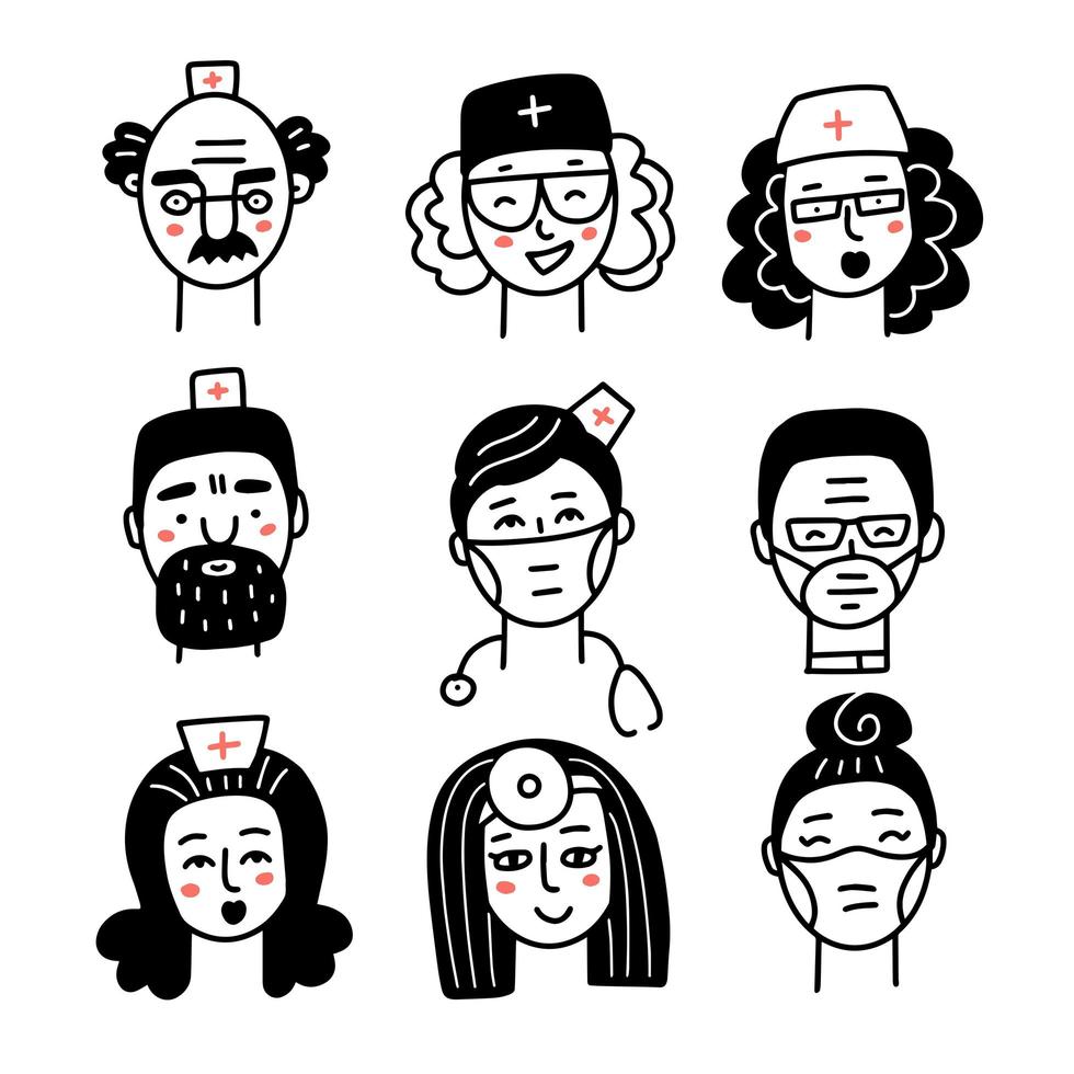 médico e enfermeira enfrenta conjunto de ícones de doodle. equipe médica avatares lineares pretos sobre fundo branco. ilustração vetorial desenhada à mão vetor