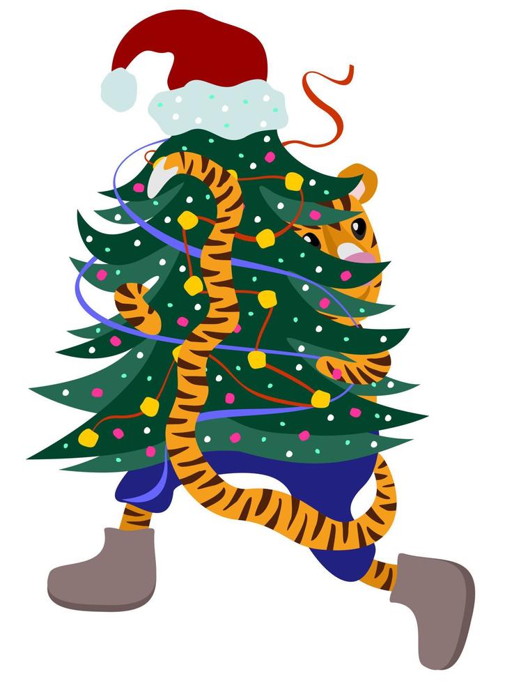 tigre correndo com árvore de ano novo em suas patas. vetor