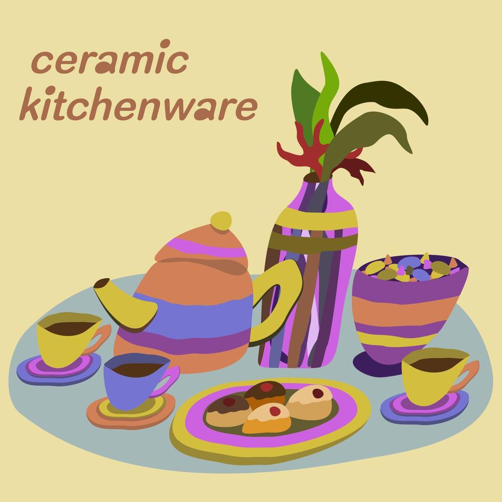 conjunto vetorial de utensílios de cozinha de cerâmica, bule, xícaras, vaso com flores e pratos com biscoitos e doces. vetor