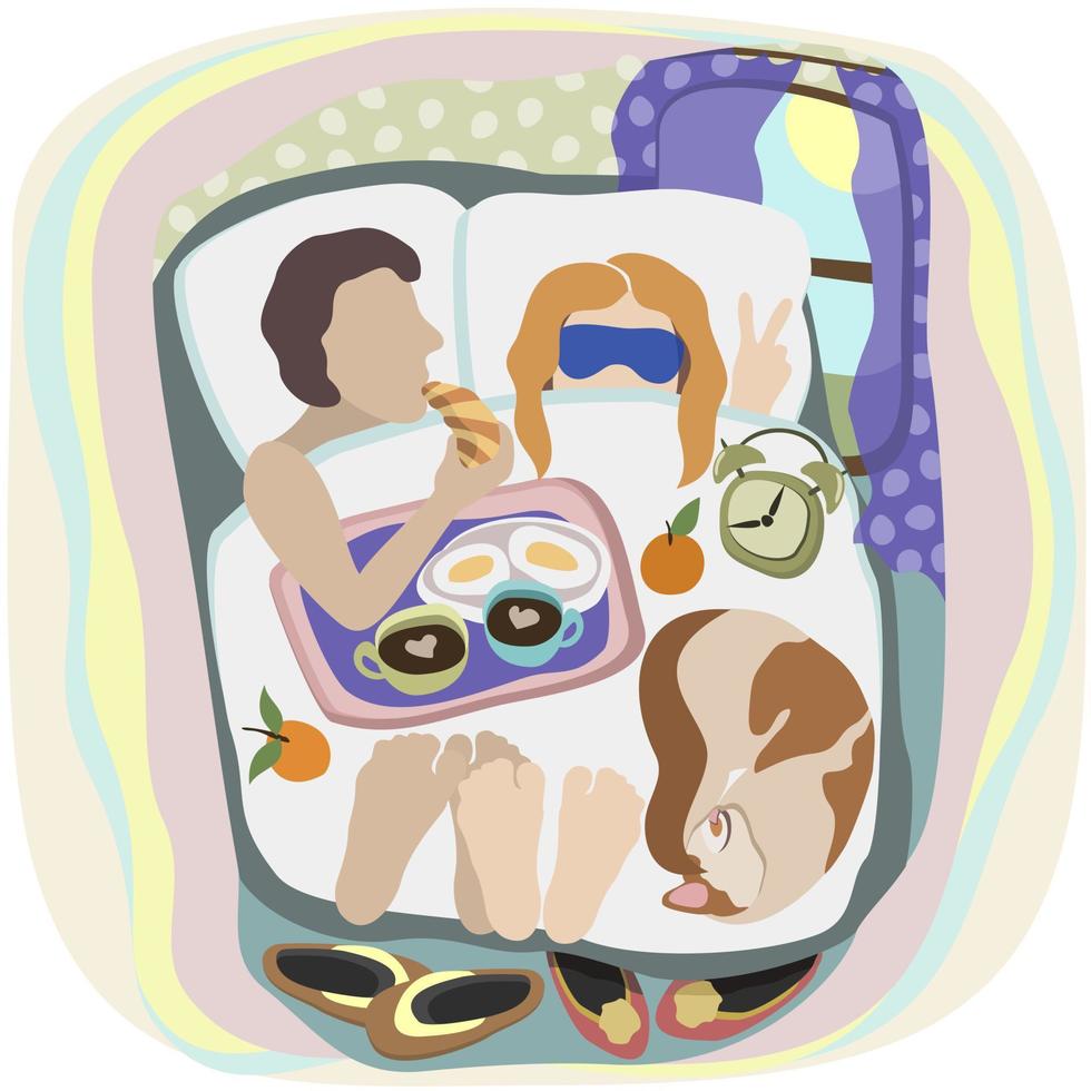 ilustração vetorial de um casal tomando café da manhã na cama, gato dormindo perto. vetor