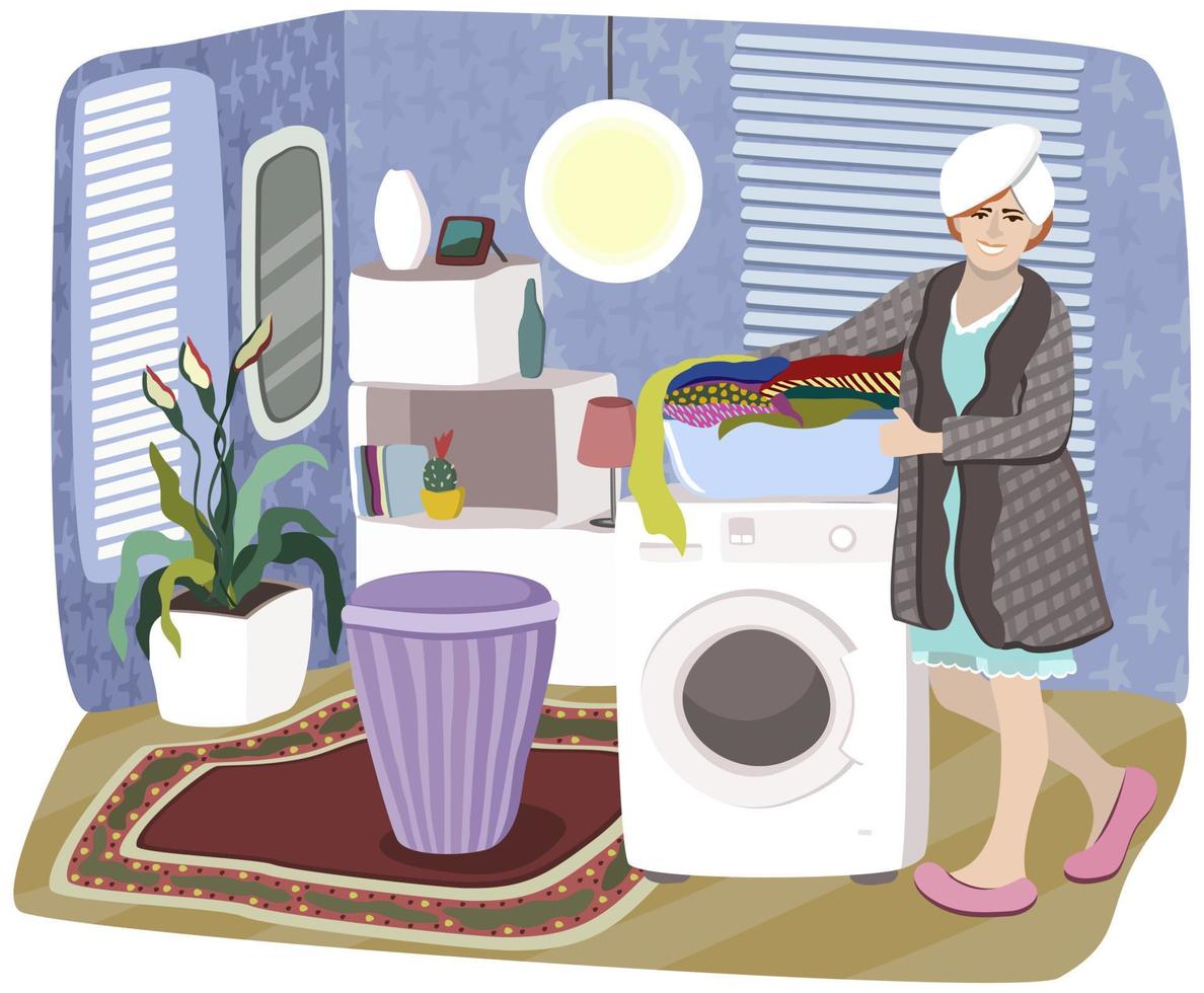 ilustração vetorial de mulher com roupas em uma bacia em pé perto da máquina de lavar vetor
