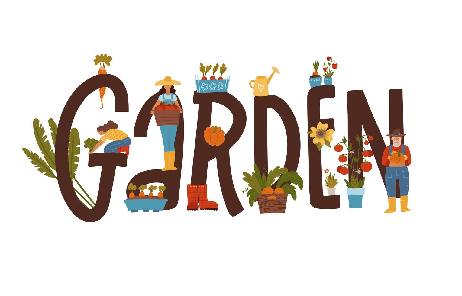 banner tipográfico de jardim com personagens masculinos e femininos cultivando plantas no conceito de letras. jardinagem pessoas plantando, colhendo. cartaz de trabalho sazonal. ilustração vetorial plana de desenho animado vetor