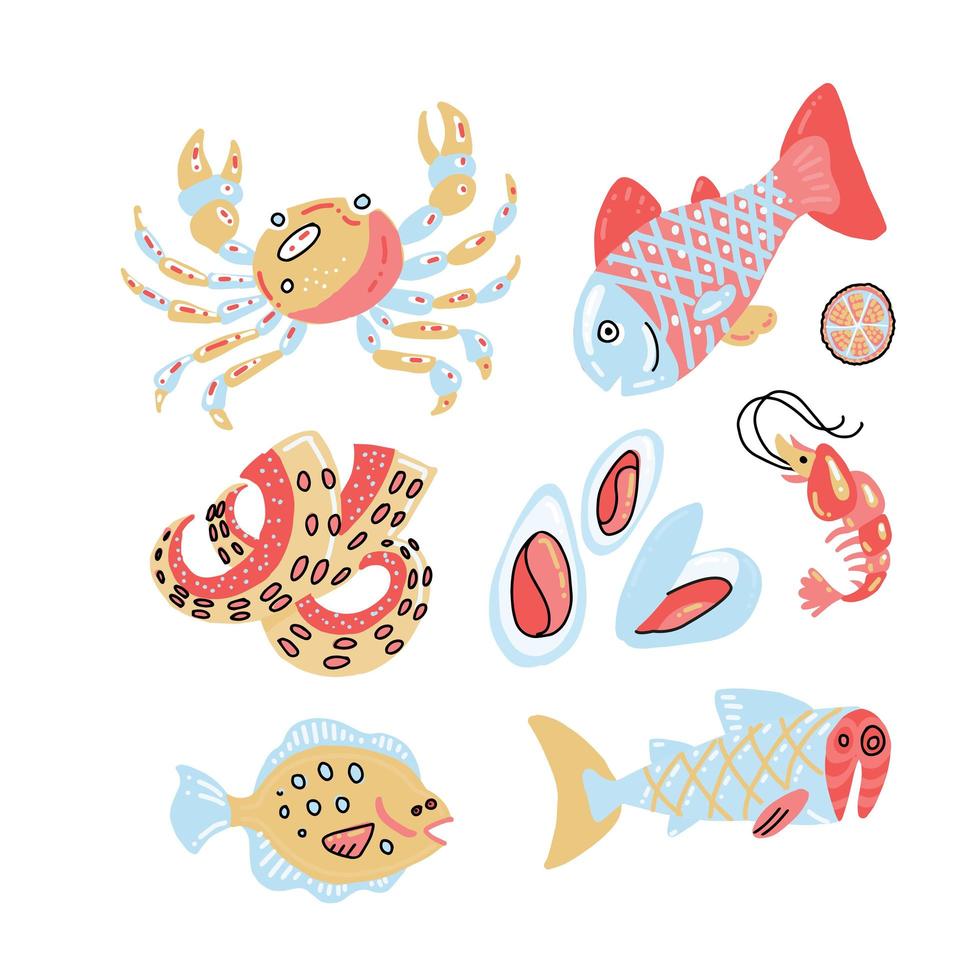 conjunto de esboços de frutos do mar ásperos desenhados à mão de cor plana em estilo escandinavo. ilustração vetorial isolada no fundo branco. elementos de peixe do marisco para menu infantil, web design, estampas têxteis, cartazes vetor