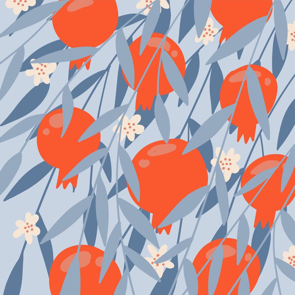 romãs em galhos com flores e folhas. frutas saborosas vermelhas. ilustração vetorial desenhada à mão plana para planos de fundo. vetor