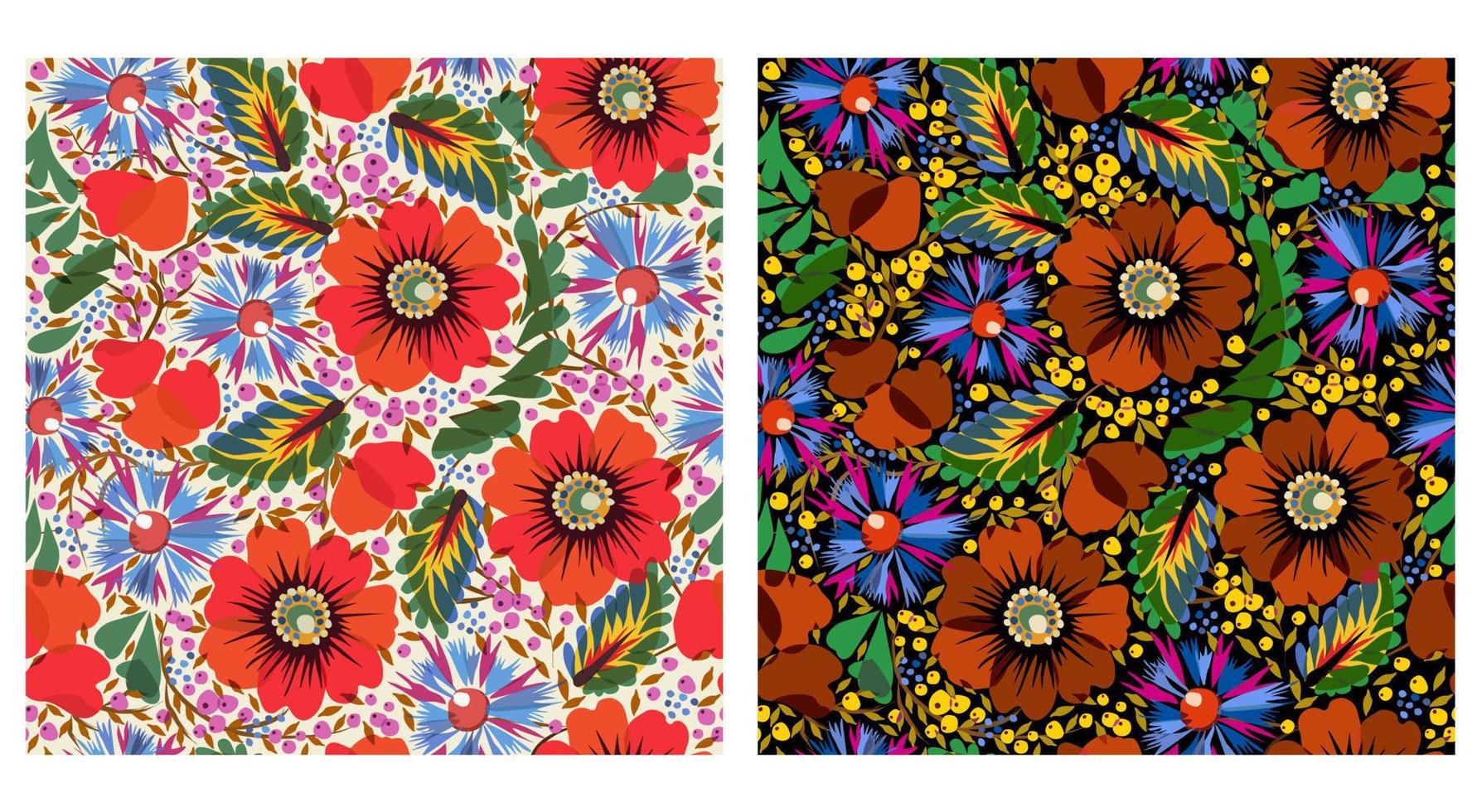 conjunto de vetores de dois padrões sem costura eslavos com papoulas e flores.