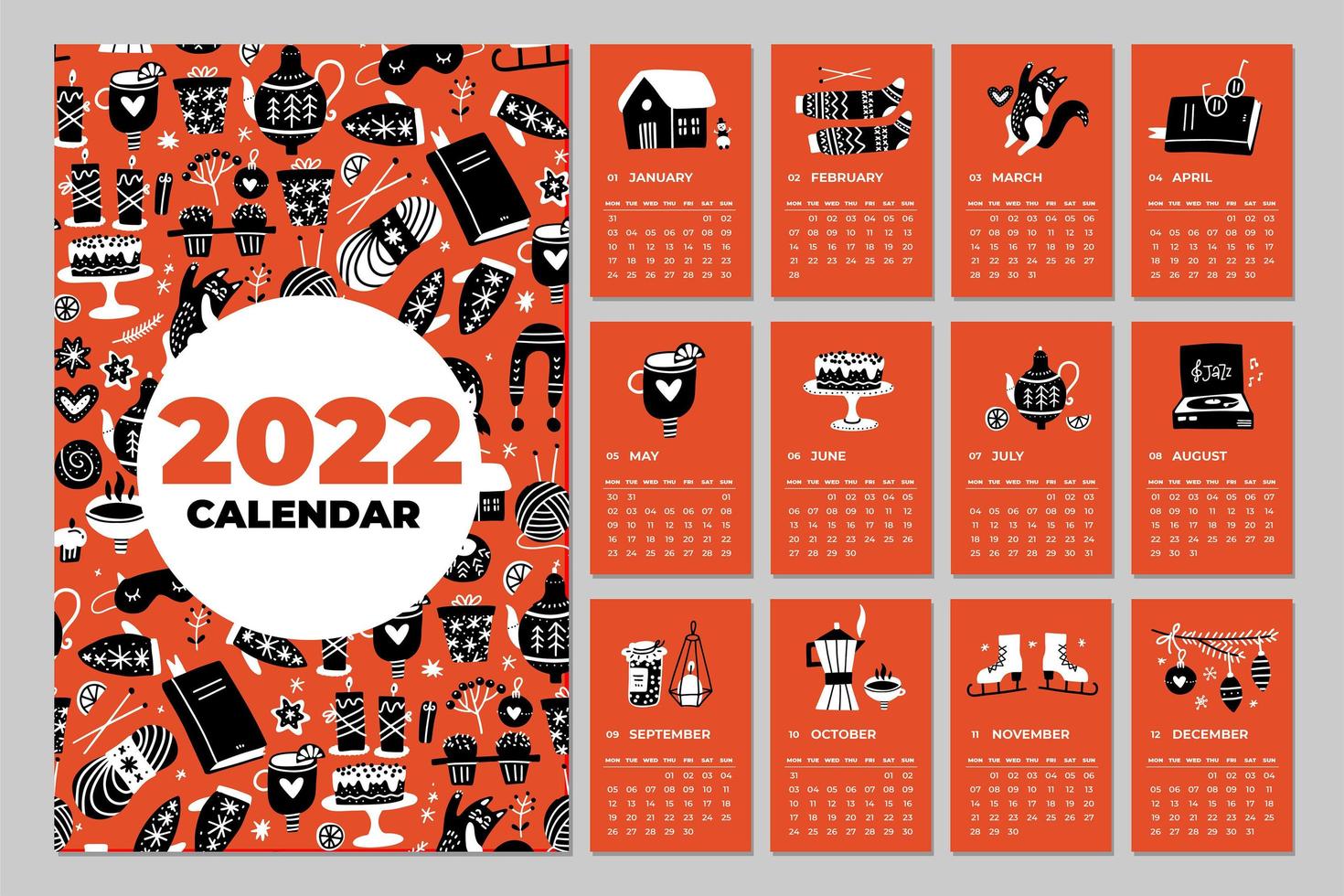 doodle abstrato planejador de calendário de parede moderno no ano de 2022. Modelo vetorial de 7x11 polegadas 12 meses e capa incluída. elementos simples e aconchegantes. vetor