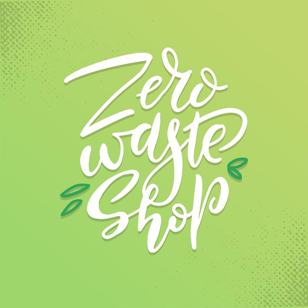 logotipo ou sinal da loja de lixo zero desenhado à mão. crachá ecológico, etiqueta para compras, sem mercado de plástico, embalagens de produtos. vetor elementos desenhados à mão com letras de pincel no plano de fundo texturizado verde.