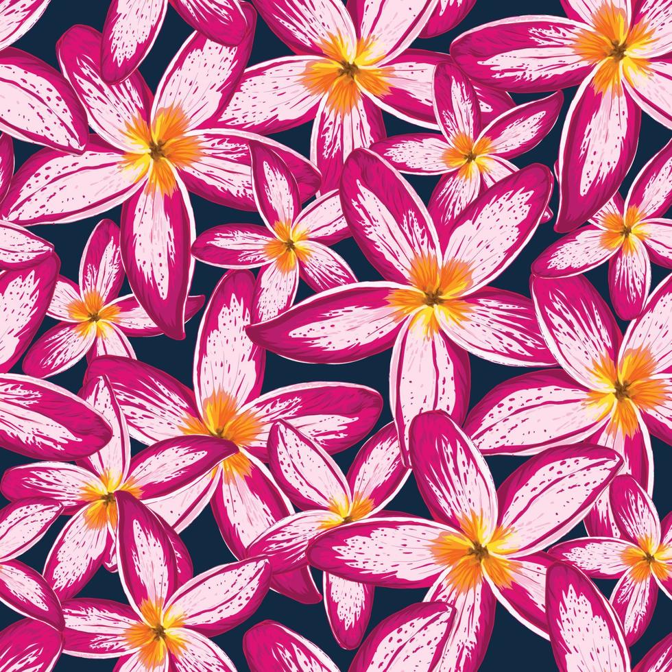 sem costura padrão floral com flores de frangipani fundo abstrato azul escuro ilustração vetorial arte de linha desenhada à mão design de impressão de padrão têxtil de tecido vetor