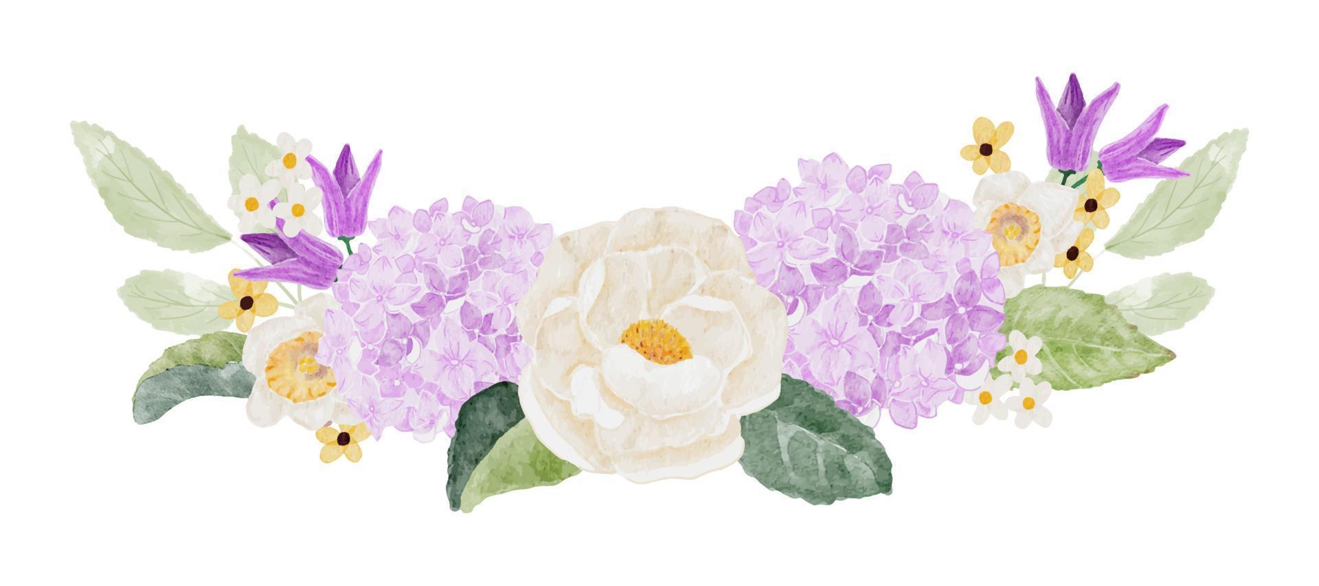 camélia branca aquarela e buquê de flores de hortênsia roxa vetor