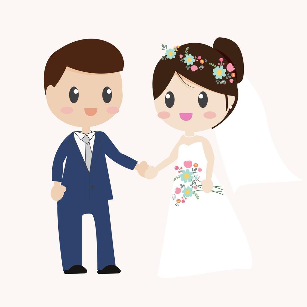 lindo casal de noivos em vestido de noiva de mãos dadas no fundo rosa claro isolado vetor